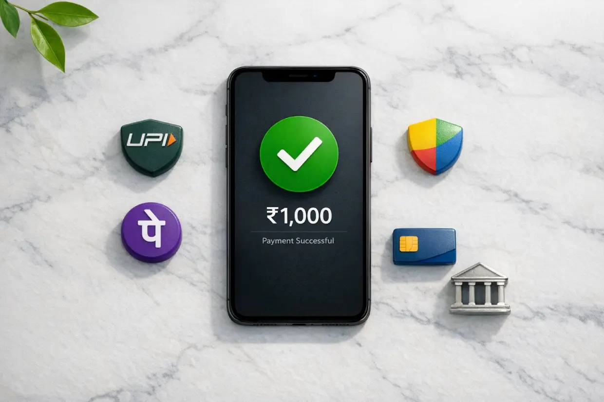 Lotus365 payment methods showing UPI deposit confirmation on a phone surrounded by Indian payment icons